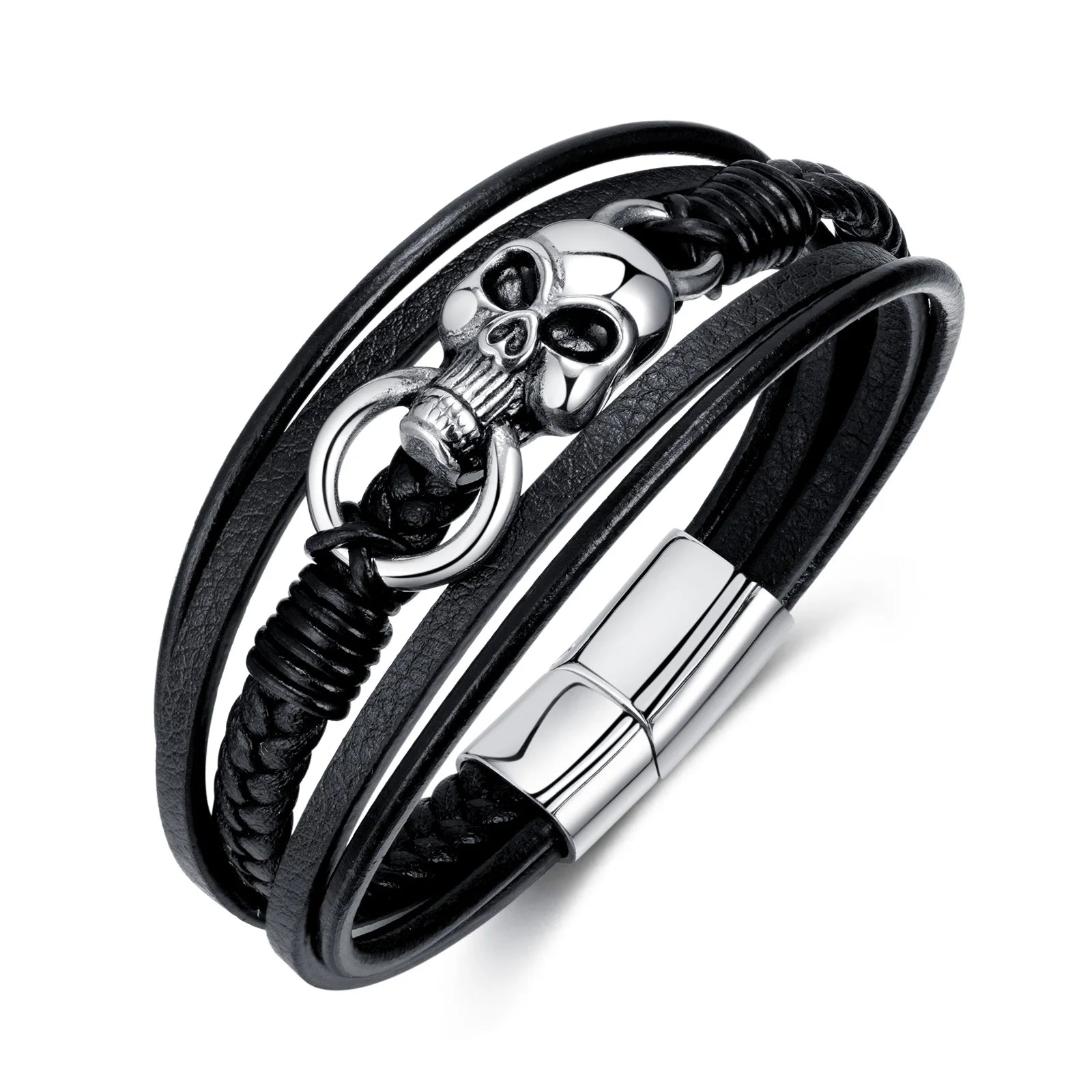 New Design Fashion Simple Stainless Steel Skull Genuine Leather Bracelet Men's Jewelry for Hand Bangle With Magnetic Clasp