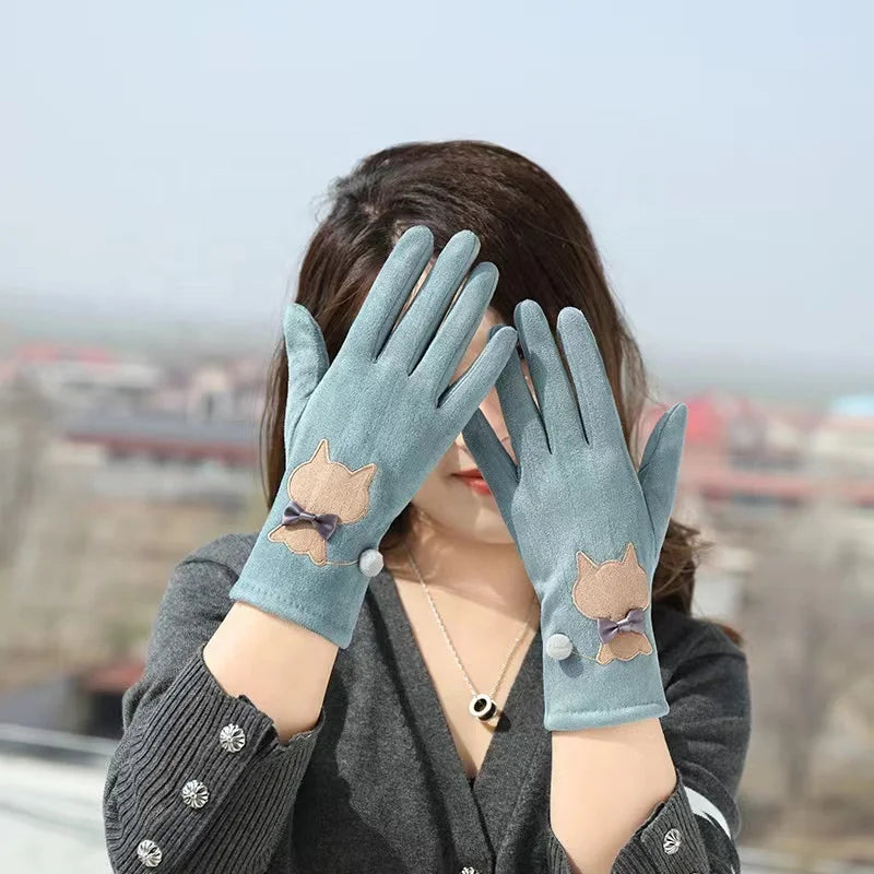 Hot Sale Customized Pattern Women's Faux Suede Cute Embroidery Gloves Winter Touchscreen Gloves