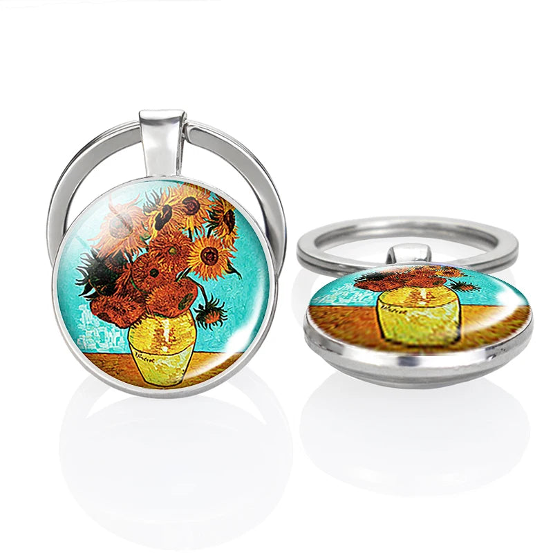 Van Gogh Art Key Chain Starry Night Sunflower Landscape Oil Painting Double Side Glass Cabochon Metal Key Ring Trinket Souvenir
