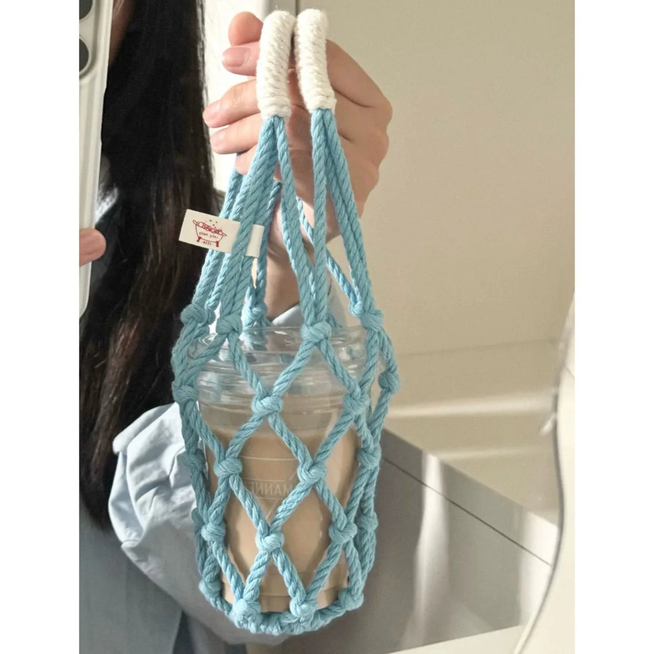 Foldable Cotton Fabric Handmade Woven Portable Cup Cover for Water Milk Tea & Coffee Cups with Cotton Rope Strap