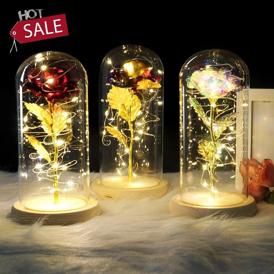 Valentines Gift Led Light 24 k Gold Foil Crystal Galaxy Roses Flower Roses in Dome for Girl Mom Wife