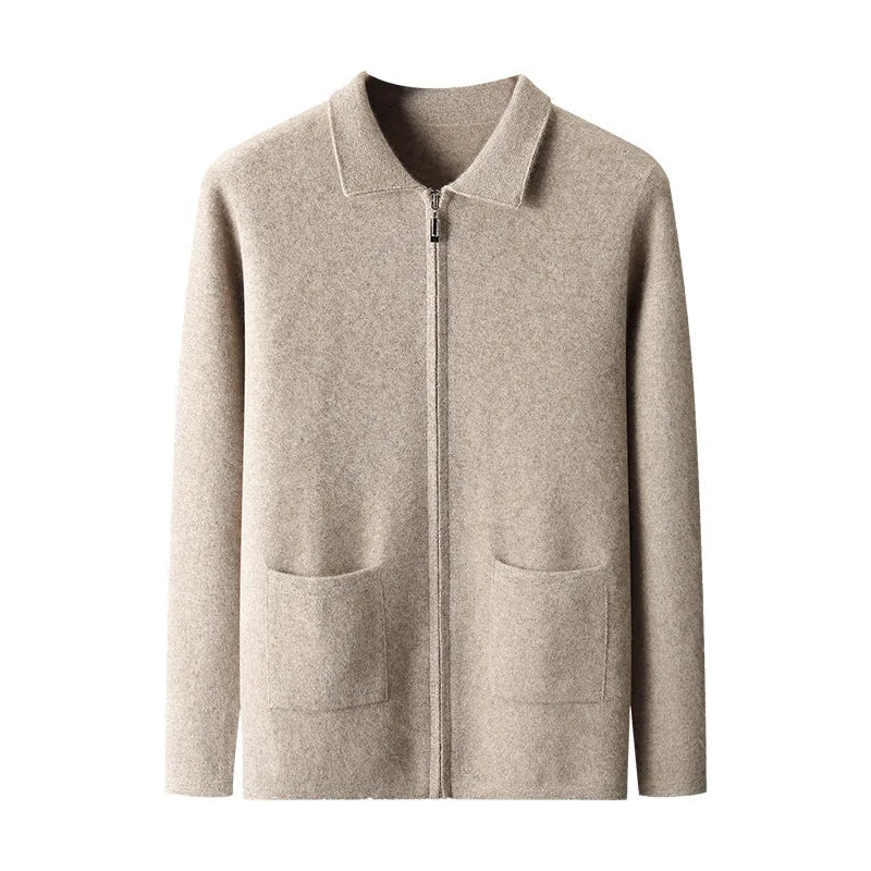 2025 Spring New Men's Cashmere Cardigan Jacket Long-Sleeved Zippered Knitted Lapel Pattern Decorated Loose Fit for Winter Season