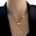 Water Resistant 316L Stainless Steel Long Love Heart Necklace Gold Plated Star Hanging Chain Heart Star Pendant Necklace
