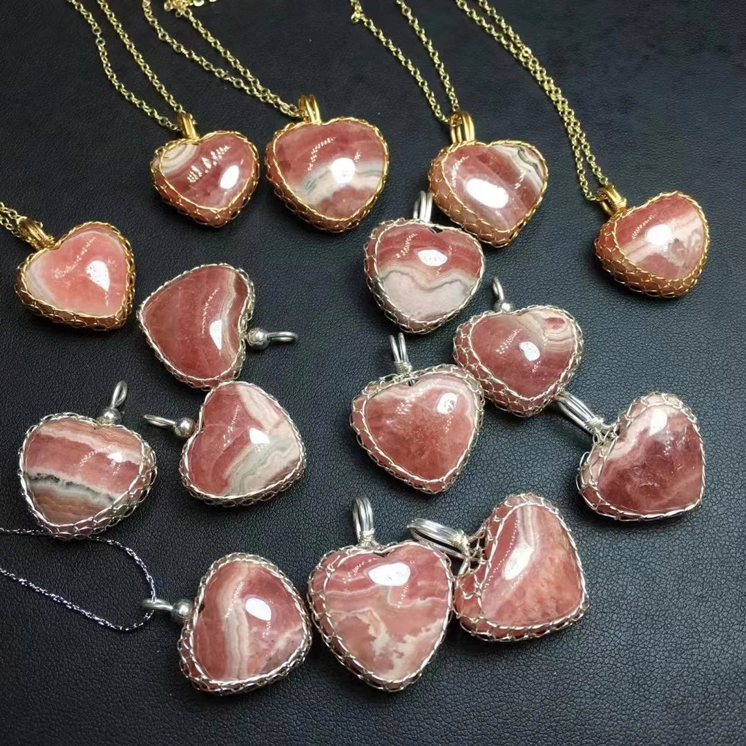 Healing Crystal Stones Fashion Jewelry Rhodochrosite Hand Wrapped Heart Pendant Necklace