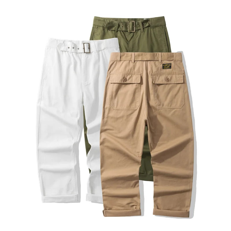 Wholesale Men's Casual Khaki Ins Trousers Long Pants Gurkha Design Belt Adjustable Mid Canvas Fabric Straight Cut White Khaki