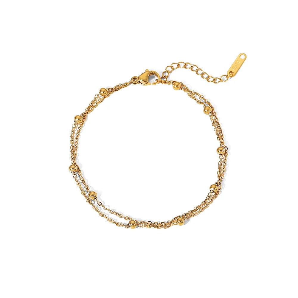 Fashion Simple Waterproof Jewelry 18k Gold Bead Chain Bracelet Stainless Steel Double Layer Chain Bracelet for Women
