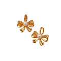 Fashion Stainless Steel Gold Filled Luxury Pearl Bow Titanium Steel Earrings New Simple Love Studs Gold Pearl Drop Earrings