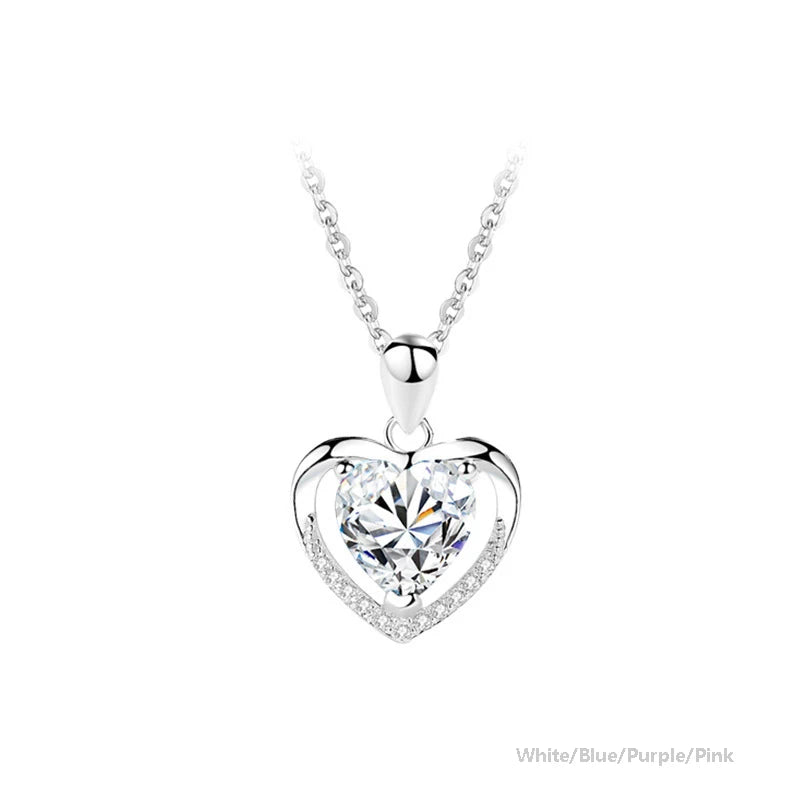 Hot Selling Dainty 925 Sterling Silver Love Heart Shape Blue Purple Pink Crystal Romantic Wedding Gifts Women's Pendant Necklace
