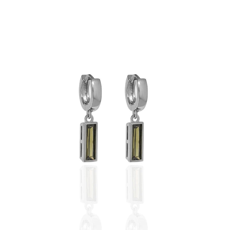 Sterling Silver Rectangular Stone Huggie Hoop Earrings Baguette Diamond Drop Huggie Earrings