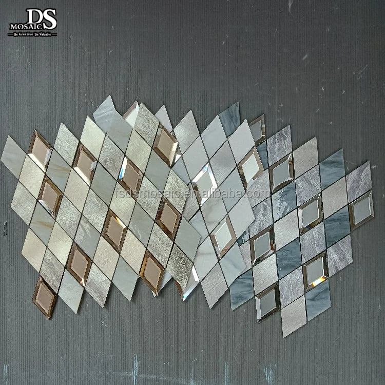 Grey Color Diamond Shape Mirror Glass Self Adhesive Aluminum Tiles Mosaic Peel and Stick Mosaic