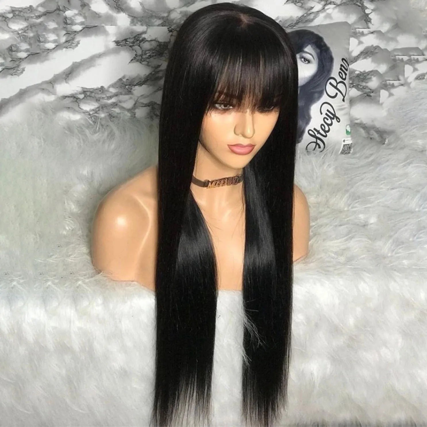 Fringe Straight Human Hair Wigs With Bangs for Black Women 100% Brazilian Lace Front Bone Straight Bang Wig Human Hair