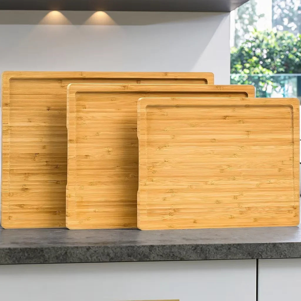 Non Toxic Eco-Friendly Bamboo Kitchen Cutting Board Set 3 Stylish Durable Wood Chopping Block Juice Groove Anti-Bacterial