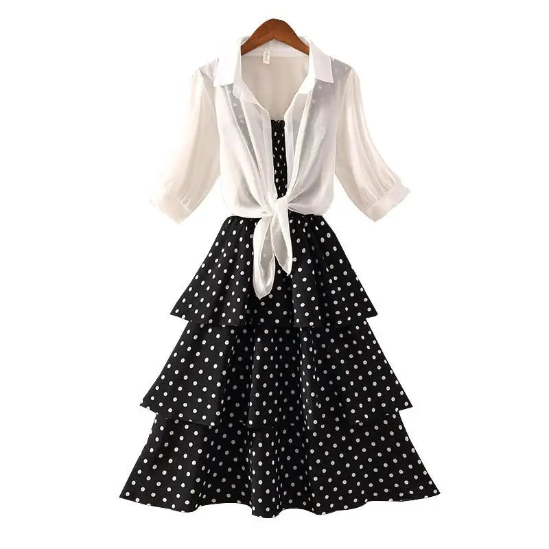 Women Summer Dress Polka Dot Chiffon Beach Midi Casual Dress Fashion Plus Size S-3XL Dress With Chiffon Small Shawl