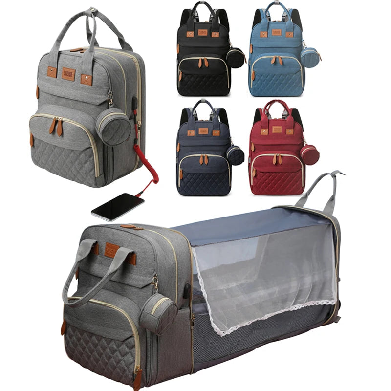 America Market Hot Selling Fashion Mom Nappy Bag Waterproof Travel Backpack Multifunctional Crib Diaper Bag With Mosquito Net