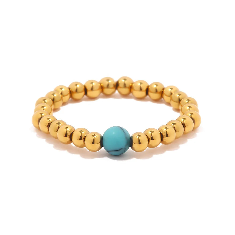 Wholesale Simple Natural Stone Beaded Ring Jewelry Stainless Steel Blue Turquoise Vermilion Gold Steel Beaded Ring