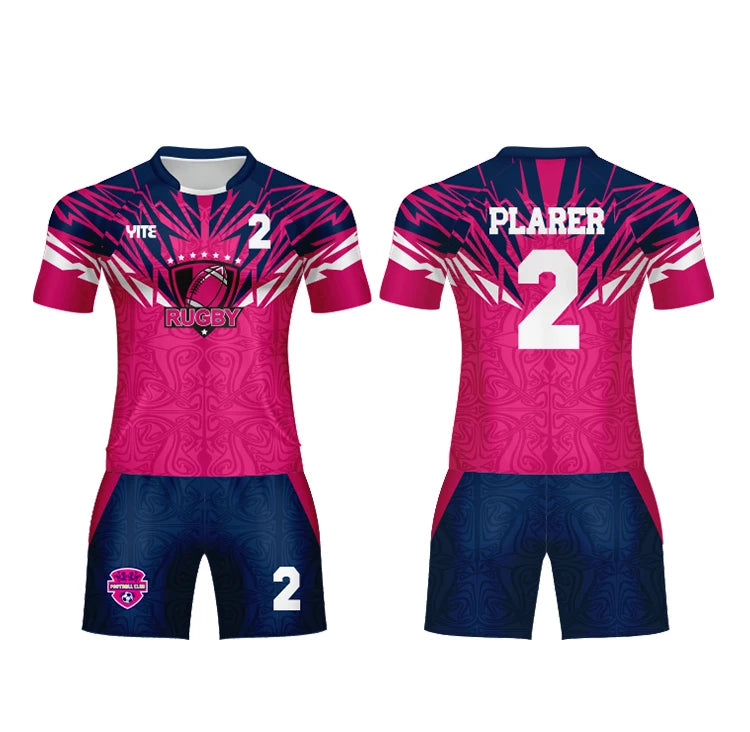 100% Polyester Mens Custom Rugby Uniforms Top Selling Rugby Uniform pink and Blue Rugby T-shirt