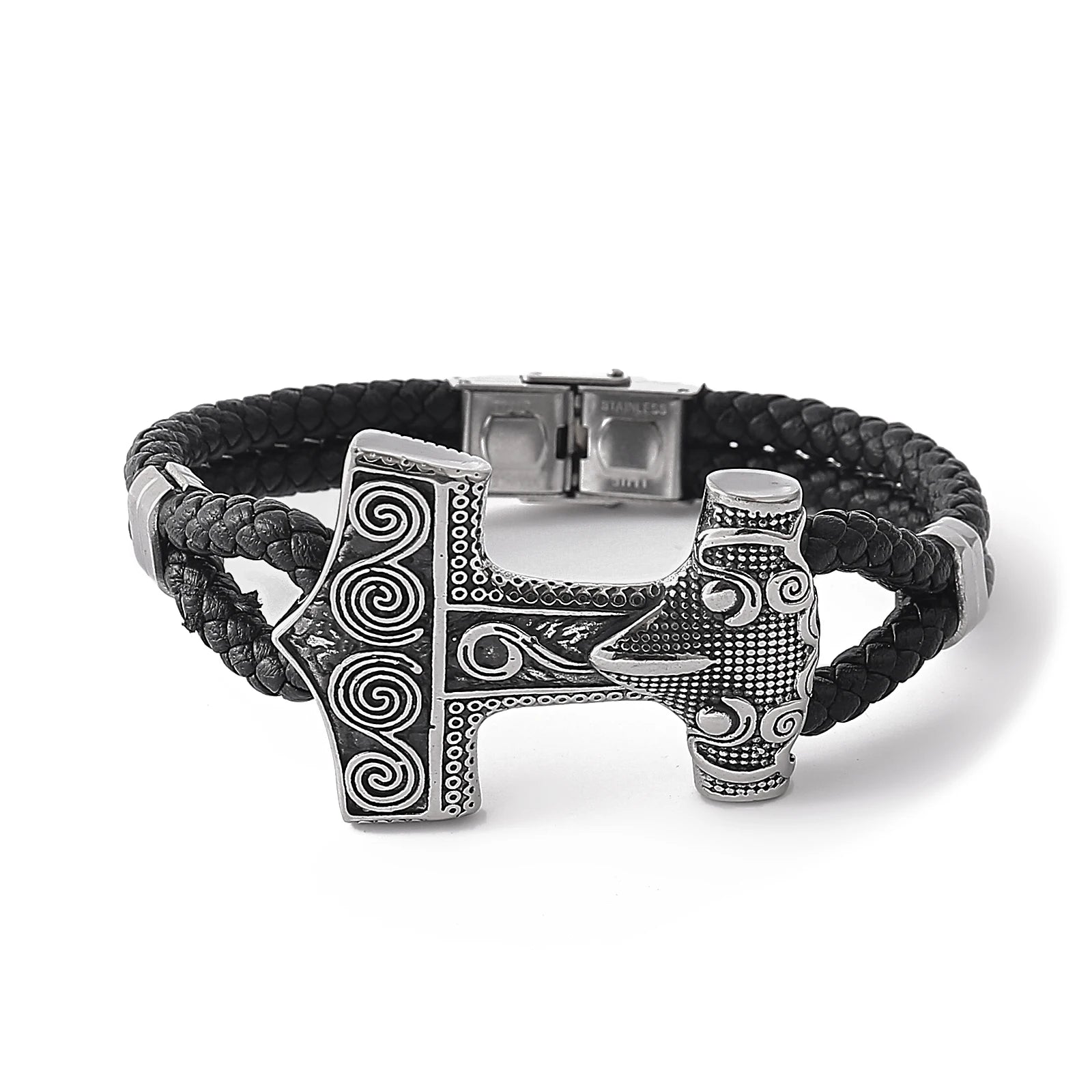 Viking Souvenir Men's Genuine Leather Wristband Stainless Steel Viking Bracelet Norse Myth Thor Bracelet Viking Jewelry