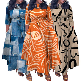 African Autumn/Winter New Women's Fashion and Elegance Lace up Large Size Long Sleeved Dress
