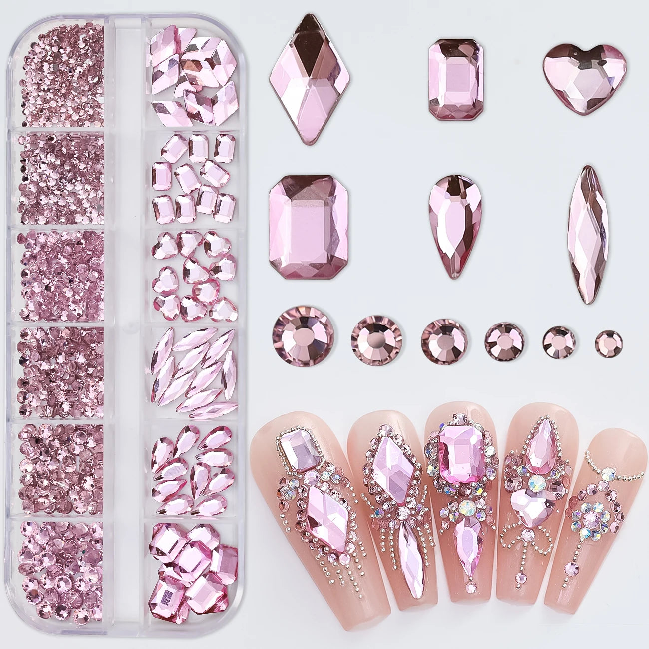 12 Grids Colorful Mix Shapes Flatback Glass Diamond Nail Art Rhinestones Decorations Manicure Charms Jewelry