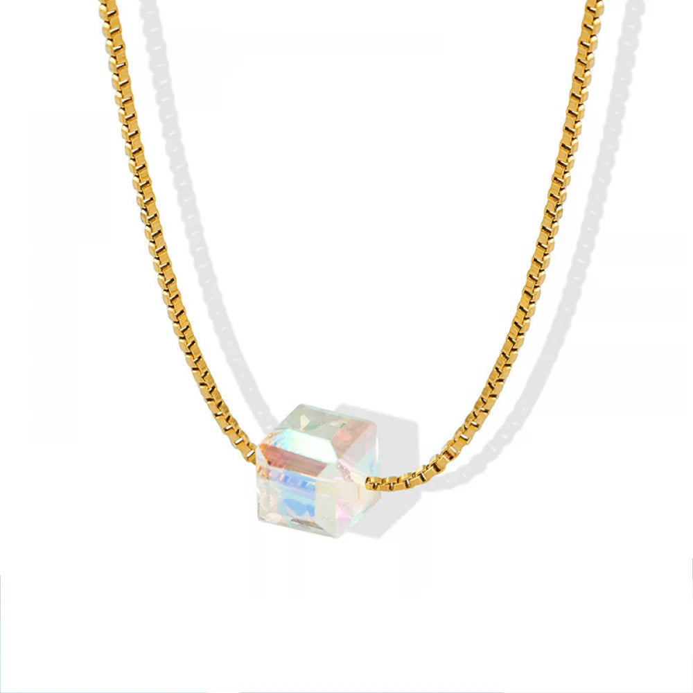 Trendy Women's Jewelry 2025 Collares Acero Inoxidable Cube Pedant Box Chain Glass Stones Crystal Necklace
