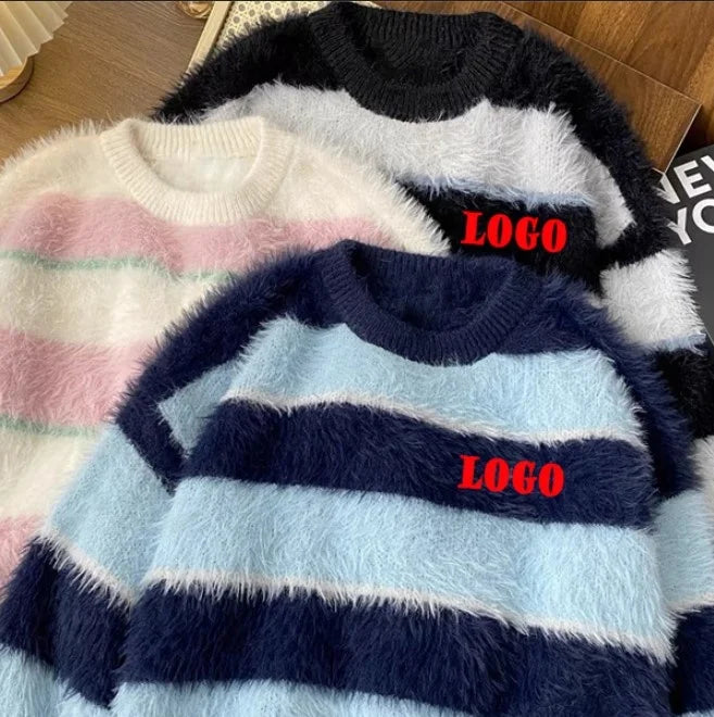 2024 Custom Knitwear Logo Pullover Men Brushed Mohair Sweater Crew Neck Oversized Jacquard Knit Mohair Sweater Men