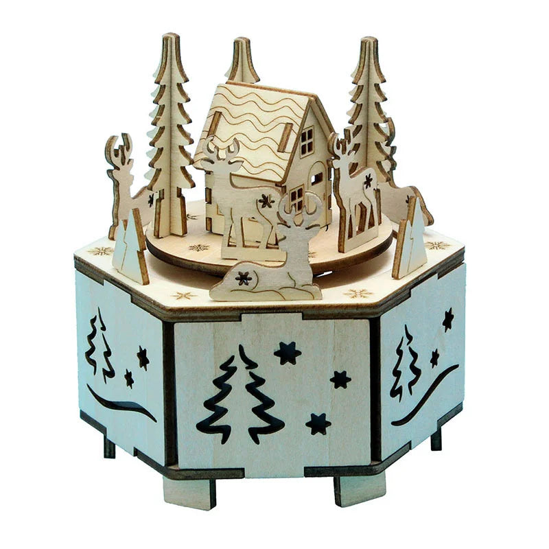 Wooden Assembled Creative DIY Christmas Music Box Luminous Rotating Music Box