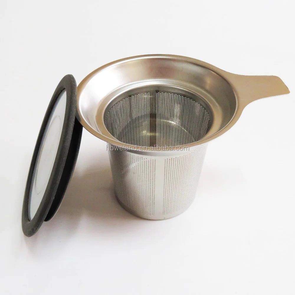 WELAND 304 8/18 Fine Mesh Stainless Steel Loose Leaf Tea Infuser Mesh Basket Strainer with Handle and Silicone Rimmed Lid