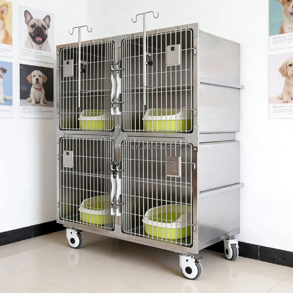 OSCAT Cat Cages 4-Door 304 Stainless Steel Pet Cages Strong Durable Kitten with Wheels Veterinary Equipment Veterinary Clinic