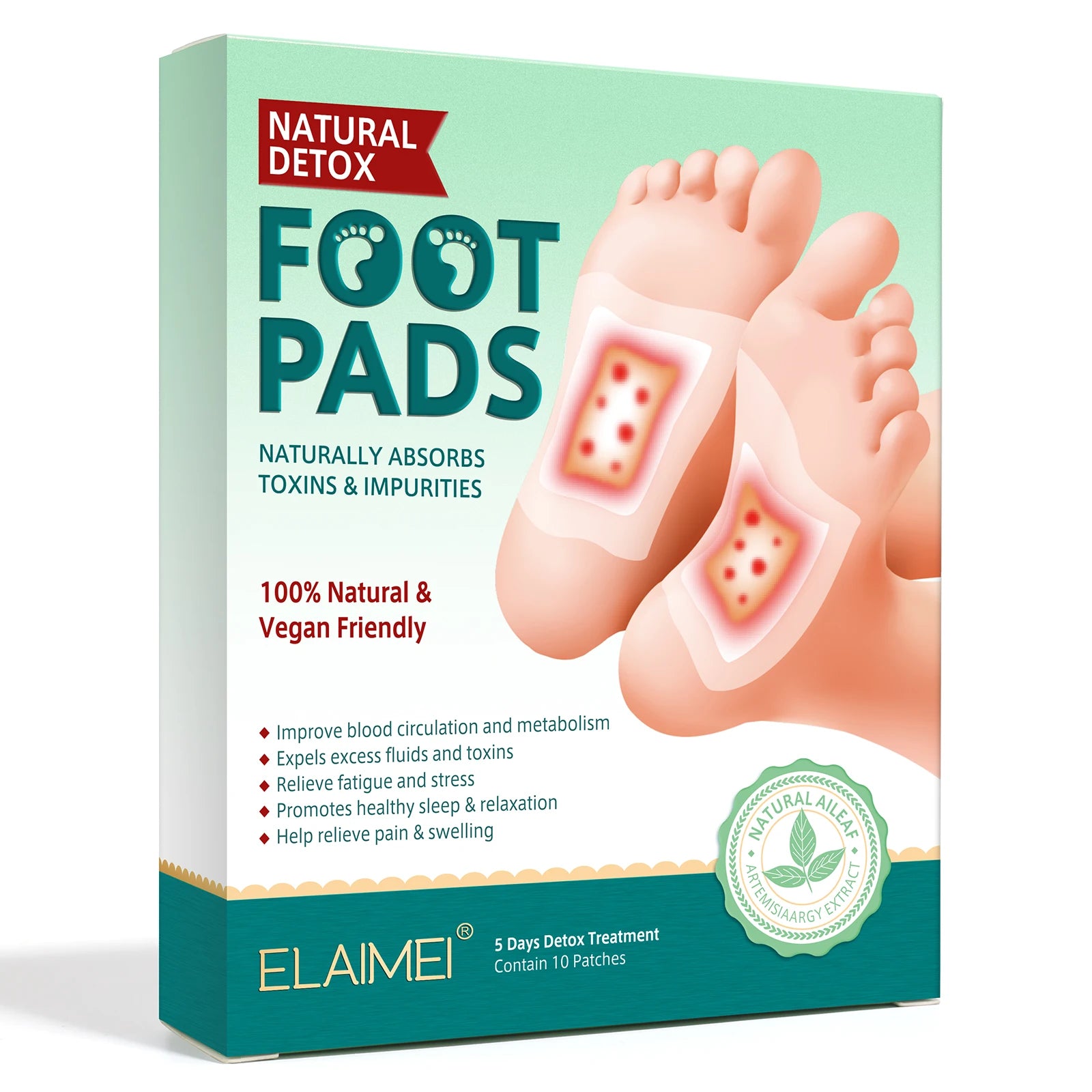 ELAIMEI Natural Vegan Friendly Foot Pads Detox Relieve Fatigue Pain Promote Sleep Foot Patches Adhesive Wormwood Patch