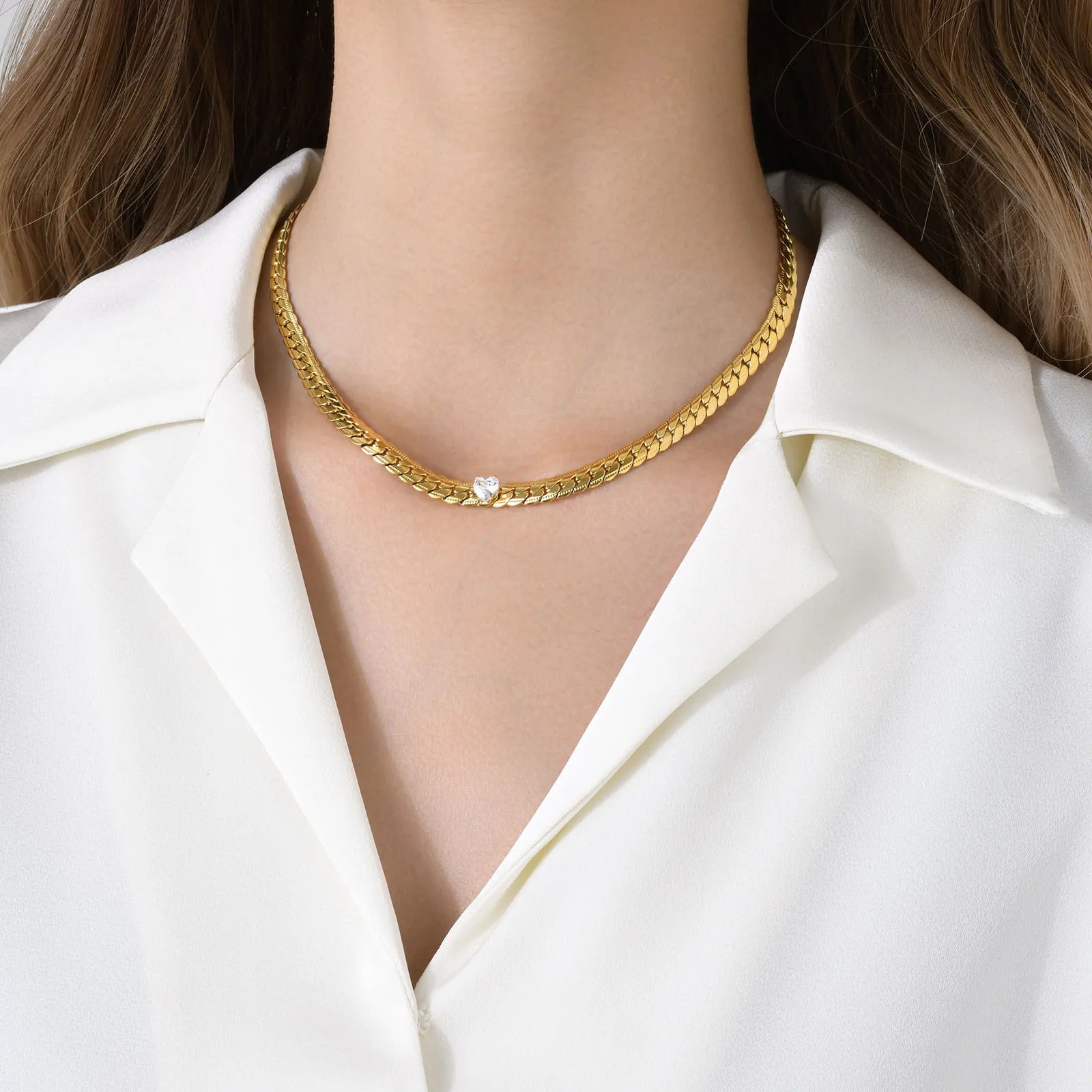 Sweet Cool Wind Ornament Necklace Women's Stainless Steel Zircon Heart Embossed NK Chain Necklace