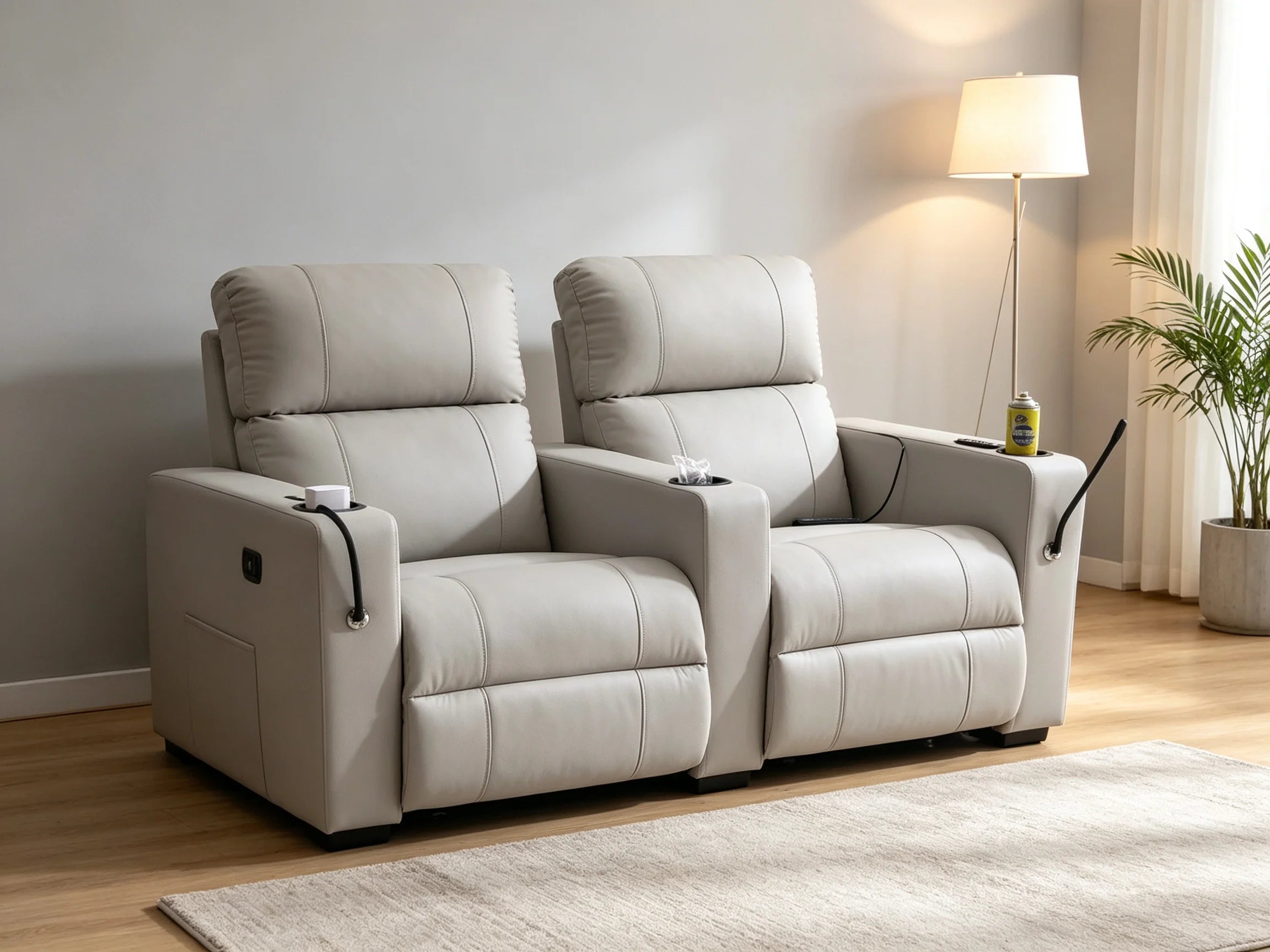 Light Gray PU Leather Dual-Seat Electric Home Theater Recliner Sofa Segmented Cushion Design Built-In Armrests Cup Holders