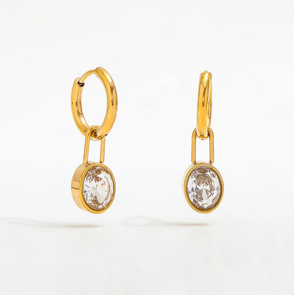 Trendy High Quality PVD 18K Gold Plated Tarnish Free Oval Zircon Huggie Earrings Stainless Steel Earrings Wholesale