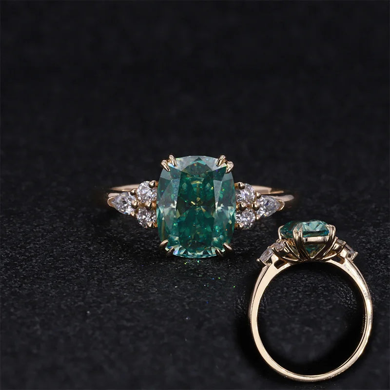 Wedding Jewelry 14K Yellow Gold Double Prong 7*9mm Cushion Green Moissanite Stone Ring