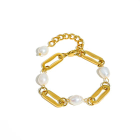 Classic Baroque Freshwater Pearl Bracelet 18K Gold Plated Stainless Steel Link Chain Bracelets Women