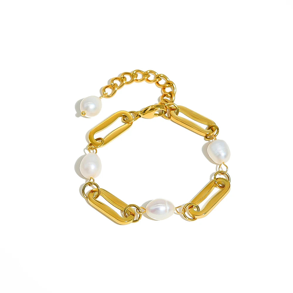 Classic Baroque Freshwater Pearl Bracelet 18K Gold Plated Stainless Steel Link Chain Bracelets Women