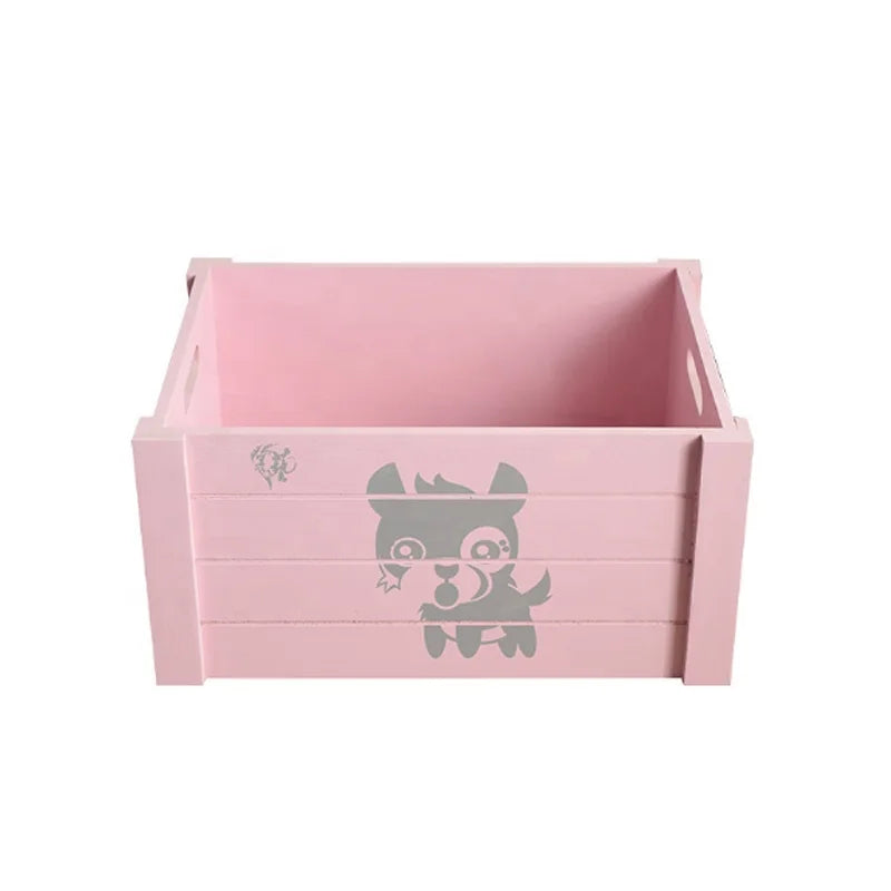 Pink Wooden Tidy Storage Crate Rectangle Kitchen Vegetable Laundry Cloth Crate Desk Decorative Storage Organization
