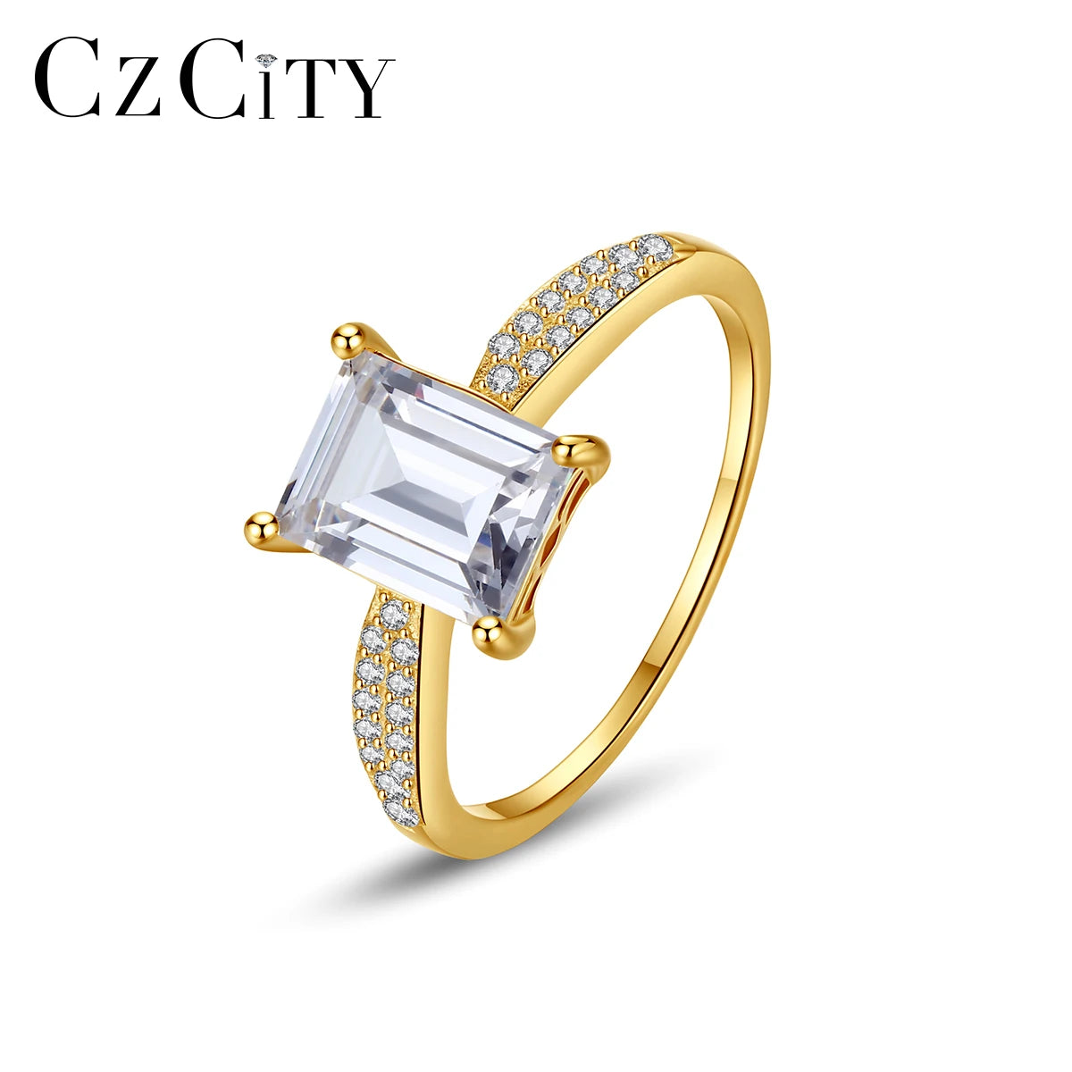 CZCITY Diamond Square 925 Silver Elegant 14K Gold Plated Chunky Luxury Wedding Woman Emerald Cut Ring