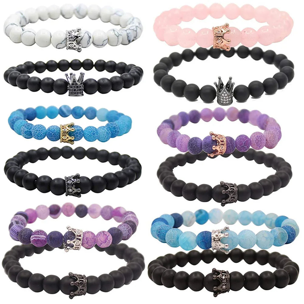 Black White Stone Crown Bracelets for Women Volcanic Couple Beads Cheap Bracelet Jewelry