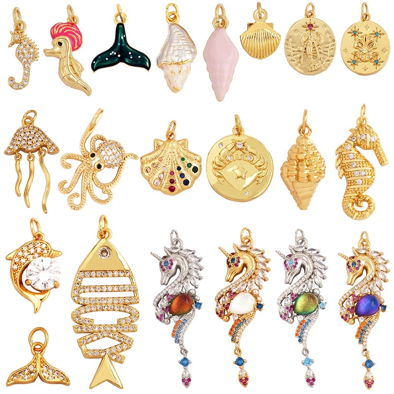 Blue Ocean Shell Jellyfish Conch Dolphin Sea Horse Fish Bone Shrimp Charm PendantGold Plated Zircon Jewelry Findings Supply K58