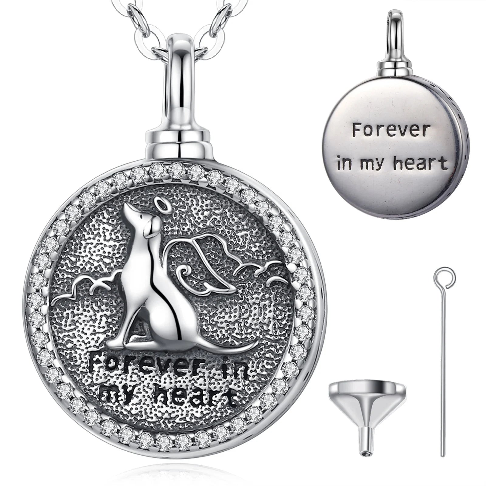 Trendy S925 Sterling Silver Keepsake Pendant Angel Dog Pets Cremation Urn Necklace with Zircon for Anniversaries