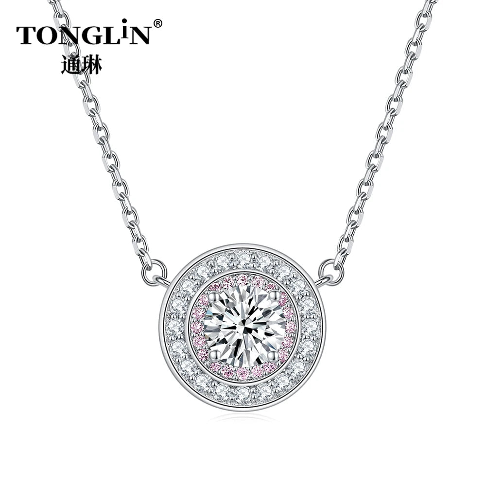 Fine Jewelry Pink White CZ Round Shaped Rhodium Plating Real Silver Pendant Necklaces for Women