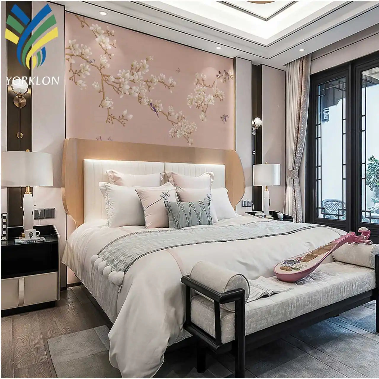 YKEAX 327 Modern Design Pink Non Woven Fabric Cloth Custom Hand Painted Silk Chinoiserie Wallpaper Mural Waterproof Wall Panels
