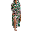 RNSHANGER Autumn Women Casual Floral Print Dress Turn Down Collar Long Sleeve Maxi Shirt Dress for Female