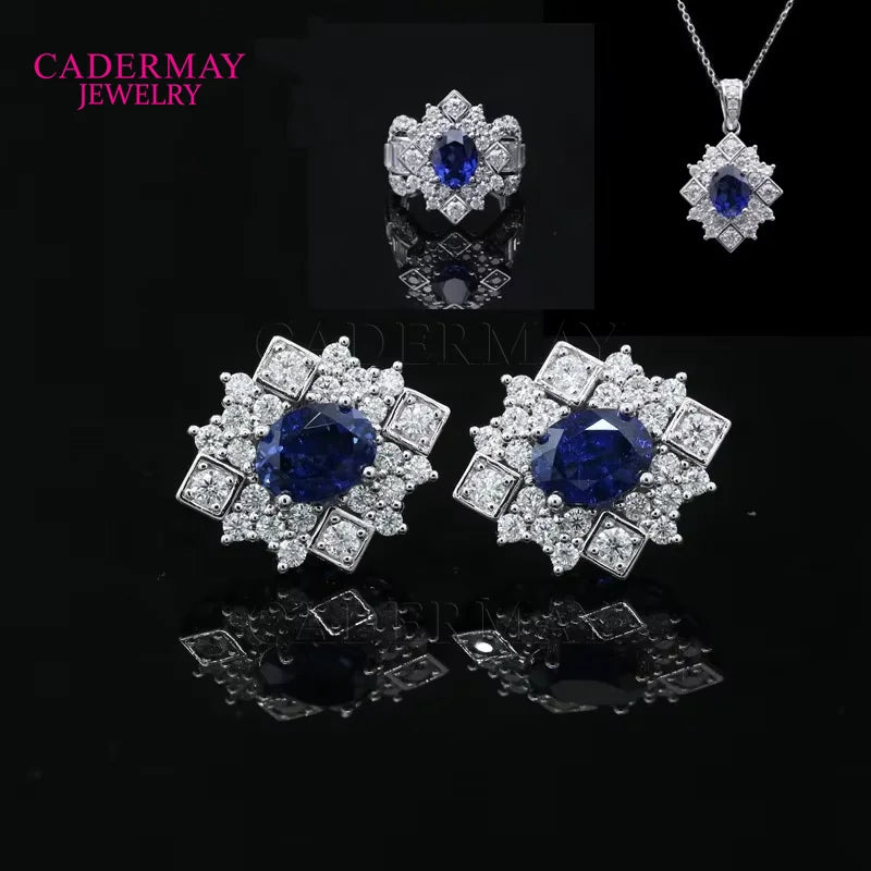 Luxury Sterling Silver 7x9mm Oval Sapphire Moissanite Jewelry Set 6x8mm Blue Corundum Engagement Earrings Ring Pendant