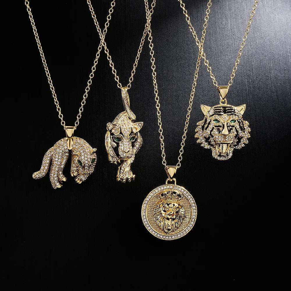 Copper 18K Gold Zircon Animal Necklace INS Hip Hop Tiger Leopard Lion Pendant Necklace Cross-border New Product