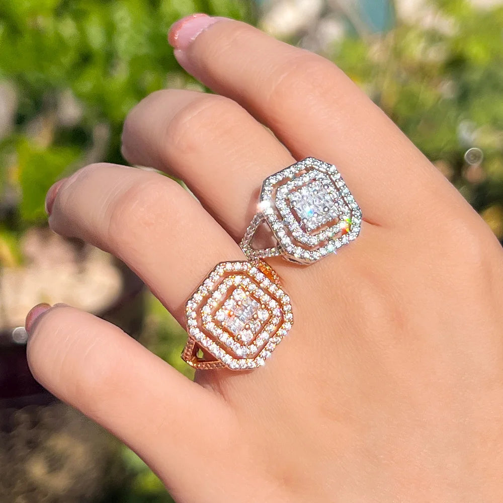 Bling Baguette Cubic Zircon Stone Inlaid White Gold Plated Adjustable Big Square Bridal Wedding Ring for Women Jewelry Gift
