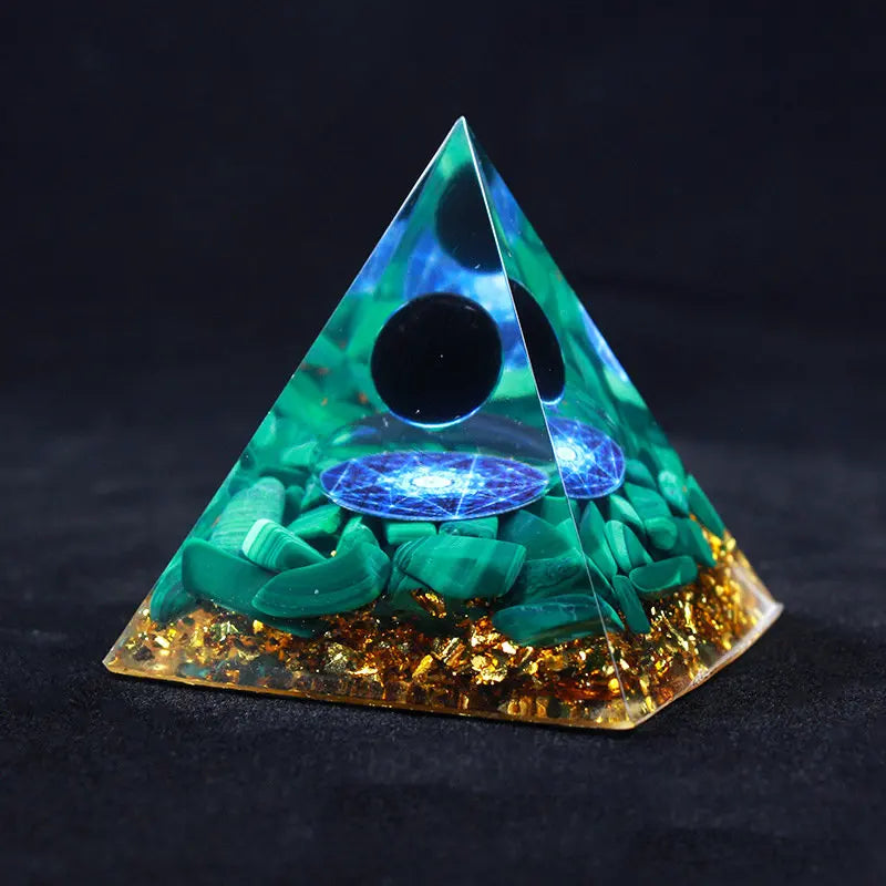 New Arrival 6cm Pentagram Magic Circle Malachite Pyramid Obsidian Sphere Energy Orgone Pyramid for Improve Career Luck