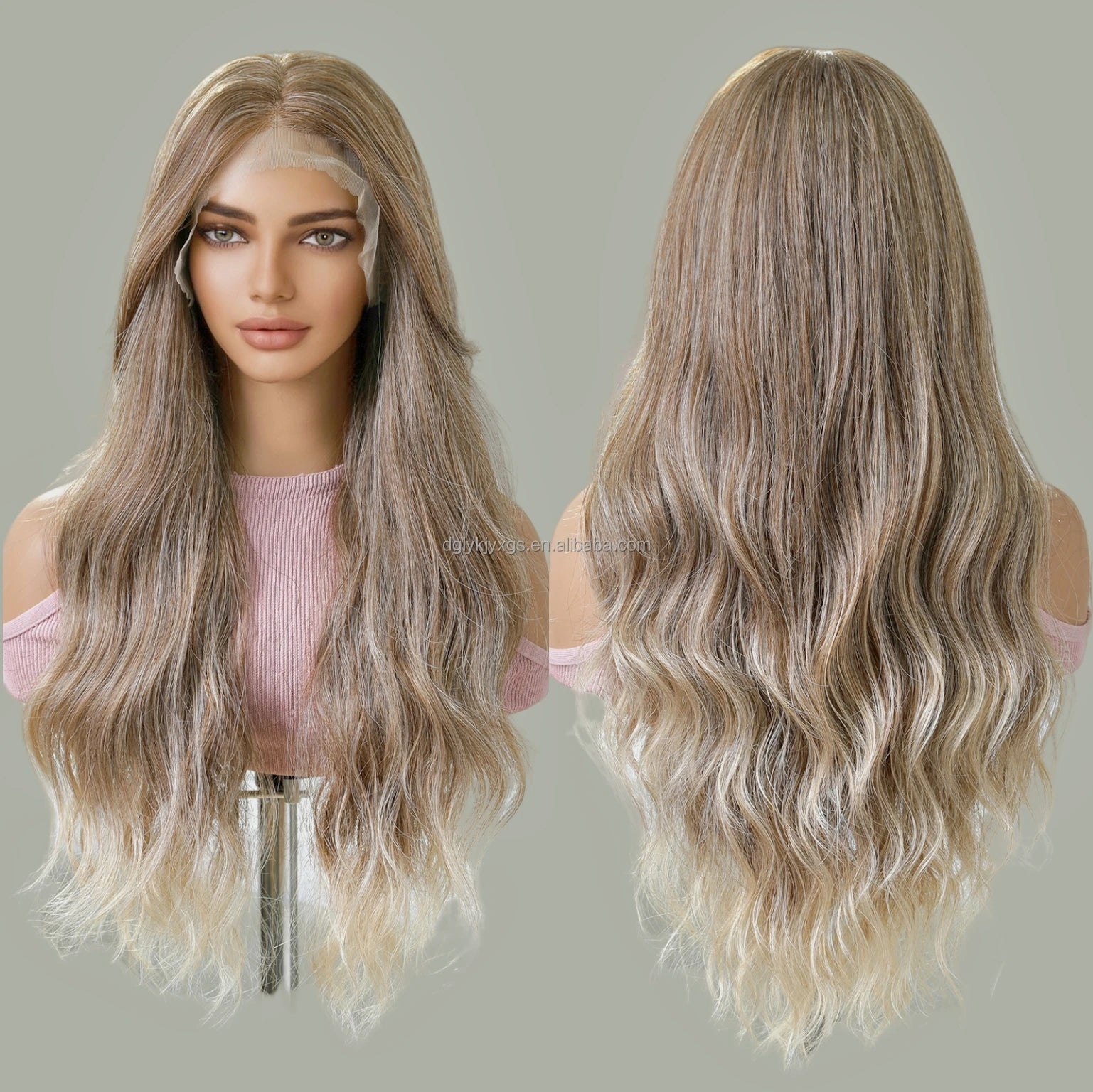 New Style 13x6 Front Lace Hand Woven Synthetic Lace Wigs 26Inch Long Curly Hair Ombre White Gold  Water Wave Wig for Women Hair