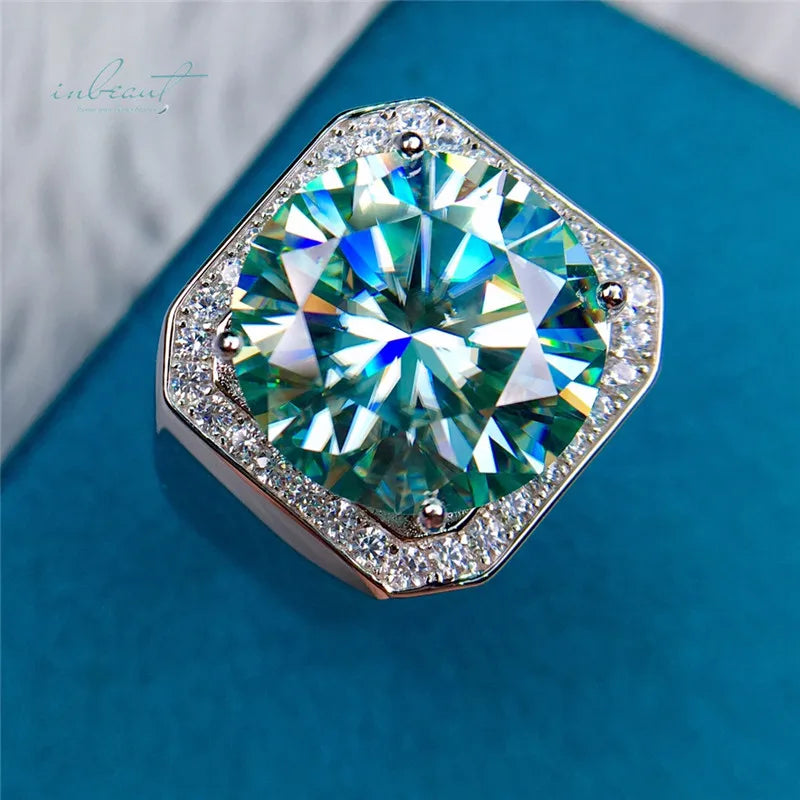 New Arrival Silver 925 Original Brilliant Cut Diamond Test Past  10 Carat Sparkling Blue Moissanite Ring for Men Wedding Gift