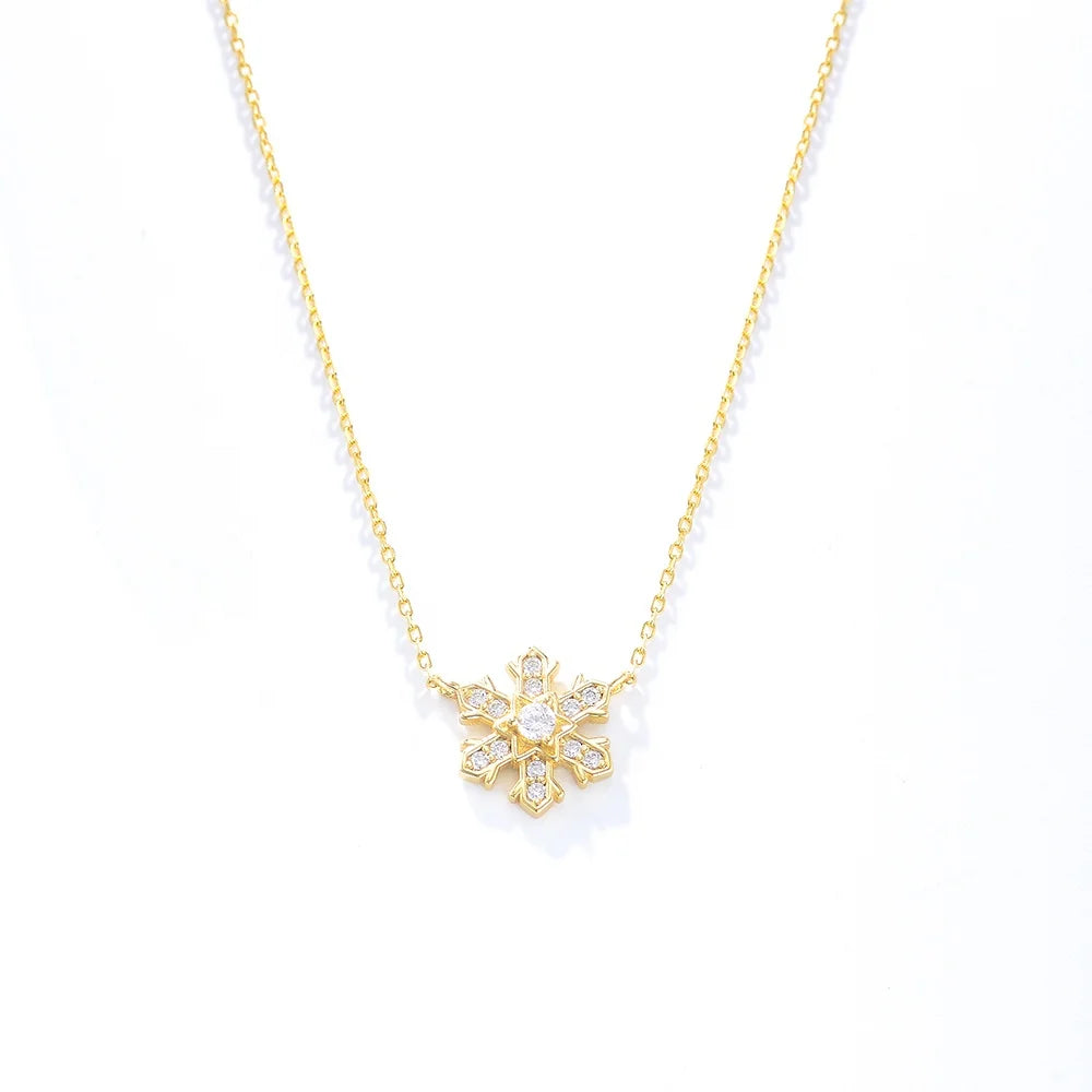 Fashion 925 Sterling Silver 14K Gold Plated Shiny Diamond CZ Snowflake Pendant Necklace Jewelry